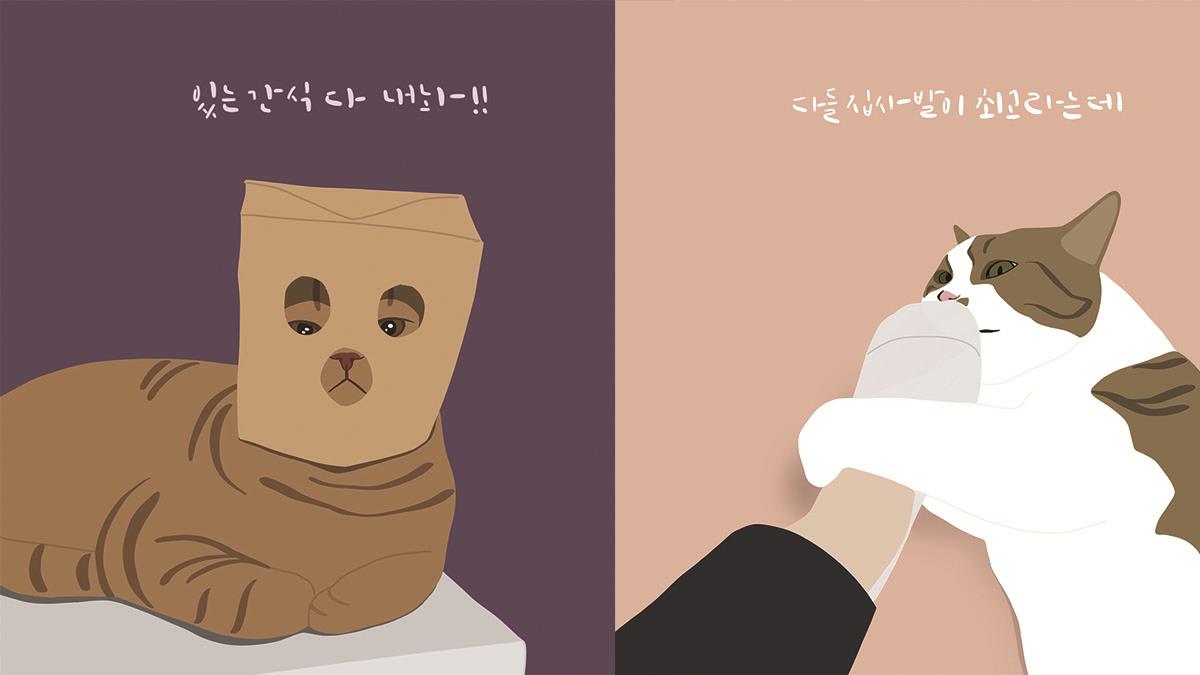 透早就要來去買菜累死啦！韓國插畫家神還原《喵星人謎樣的萌日常》，連假睫毛都被偷拿去黏到底有多愛漂亮啊