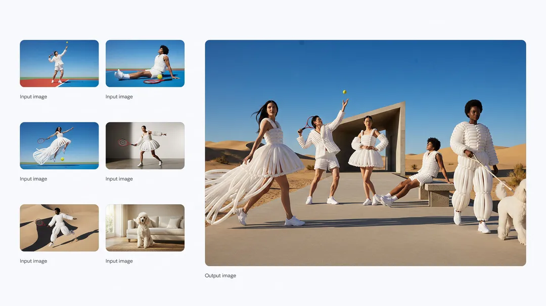 Google 圖十三： 一張以沙漠為背景的高級時尚大片 一張以沙漠為背景的高級時尚大片，維持了 6 張輸入照片中人物的一致性與相似度。