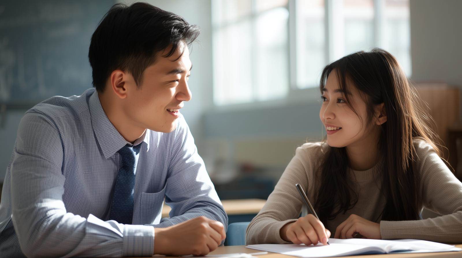 寫實風格的 男老師與女學生，兩者皆為亞洲人，地點在教室