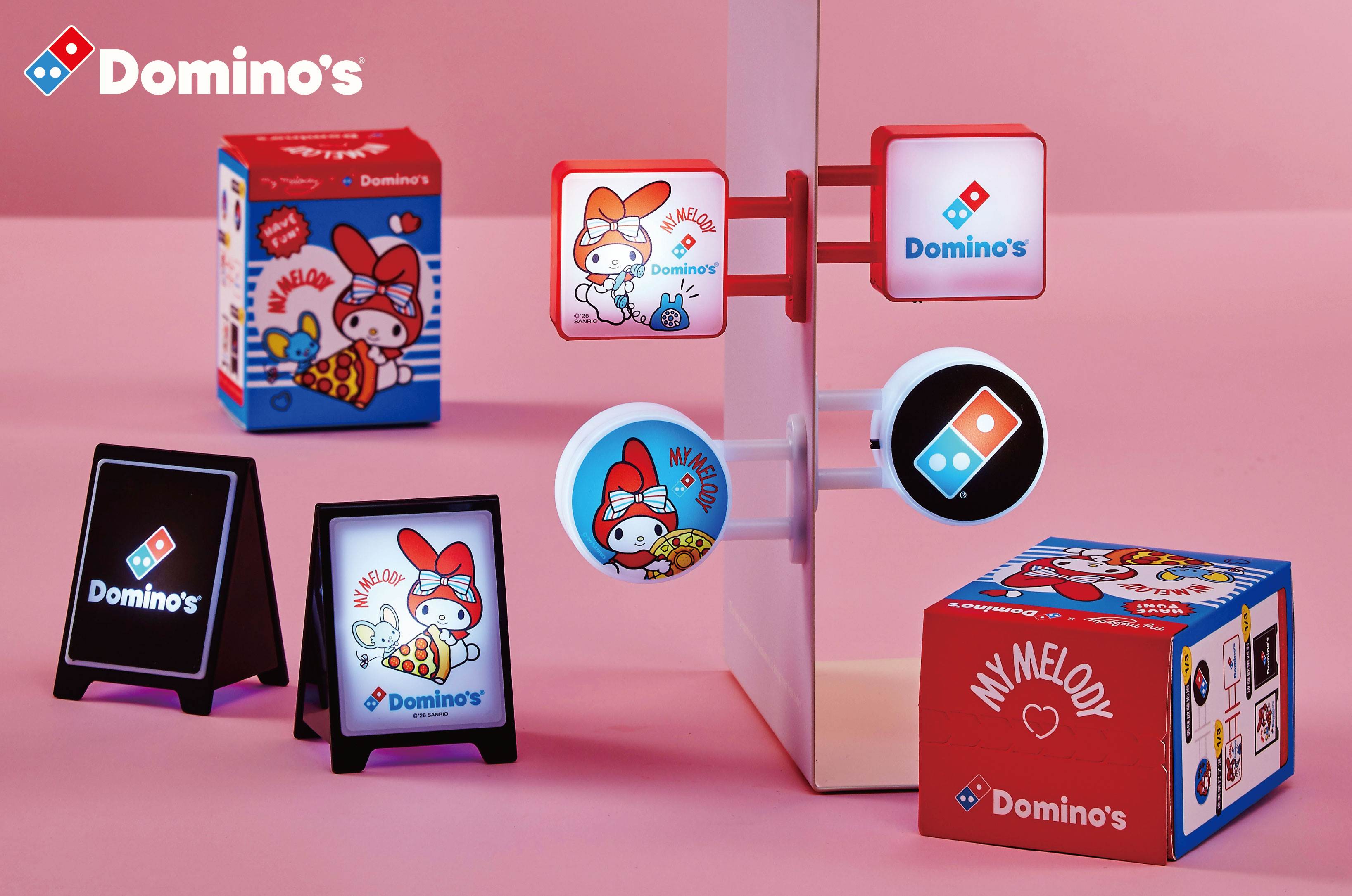 【圖二】達美樂推出美樂蒂限量聯名閃耀迷你招牌燈盲盒，三款造型隨機解鎖，購買指定套餐即可入手，讓美樂蒂照亮你每天好心情！數量有限，美樂蒂粉絲必收！