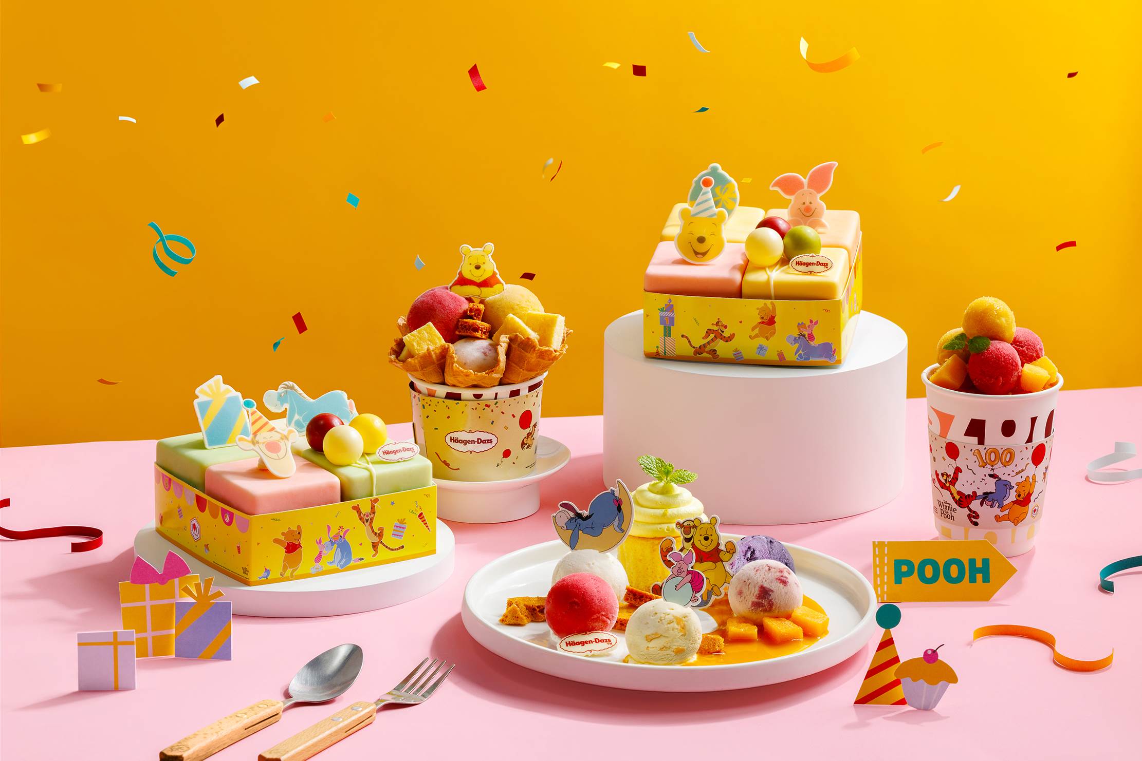 Häagen-Dazs攜手小熊維尼推出100週年系列新品，包含多款美味餐點與豐富超萌週邊，一次滿足維尼鐵粉視覺與味蕾的雙重饗宴！