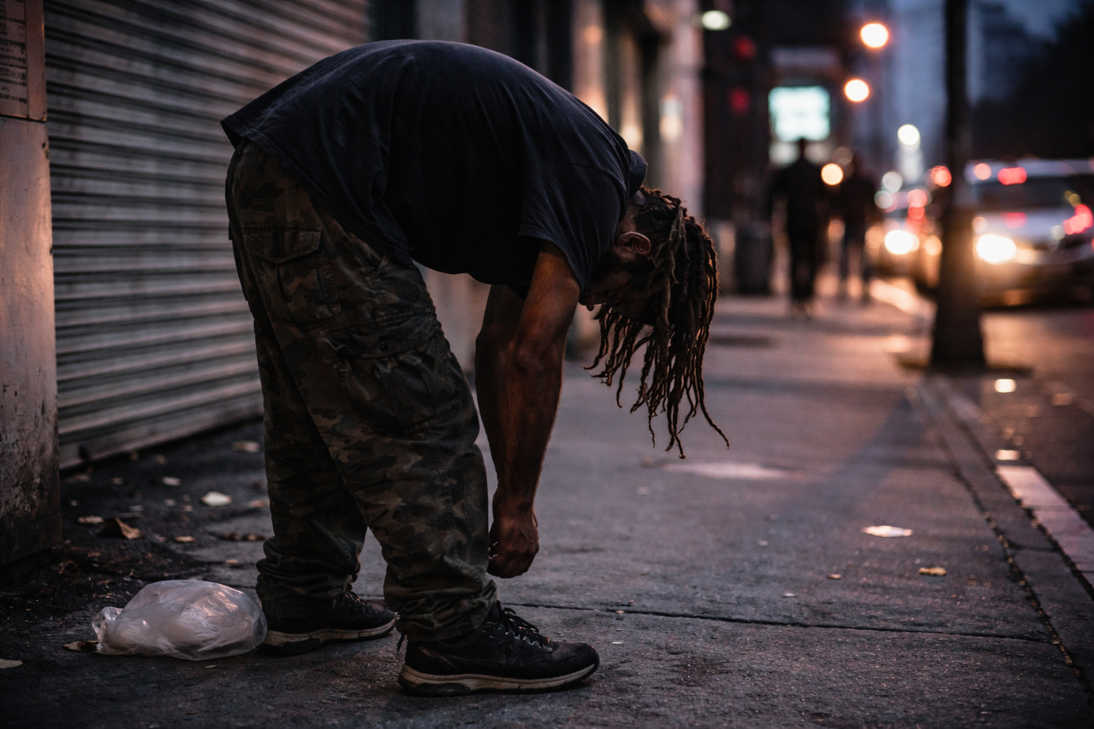 城市黃昏中的無家可歸者