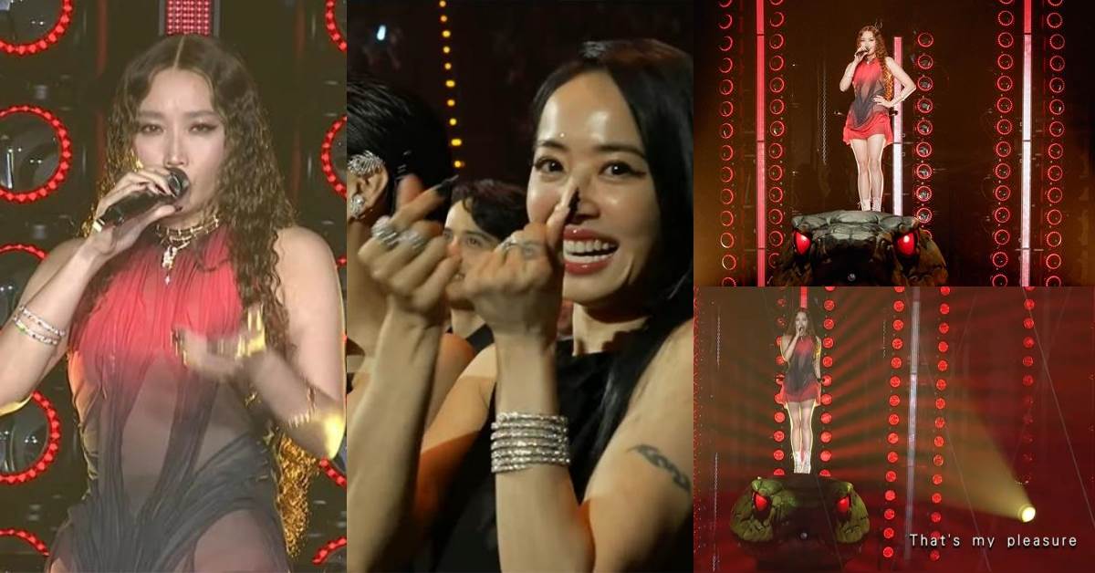 A-Lin金曲獎37開場腳踩Jolin演唱會經典道具巨蟒嗨唱，甚至神來一句：「怎樣，我不能唱跳唷」，讓台下的蔡依林本人笑到瘋狂比愛心。圖片來源：YouTube@GMA 金曲獎頒獎典禮暨國際音樂節
