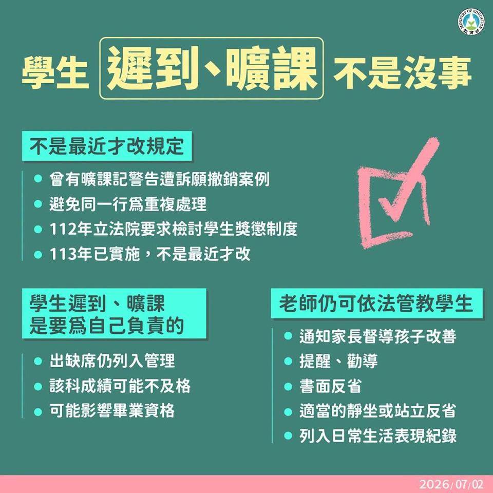教育部指出，學生遲到、曠課不是沒事，並建議教師改以其他方式輔導。圖片來源：翻攝自教育部臉書