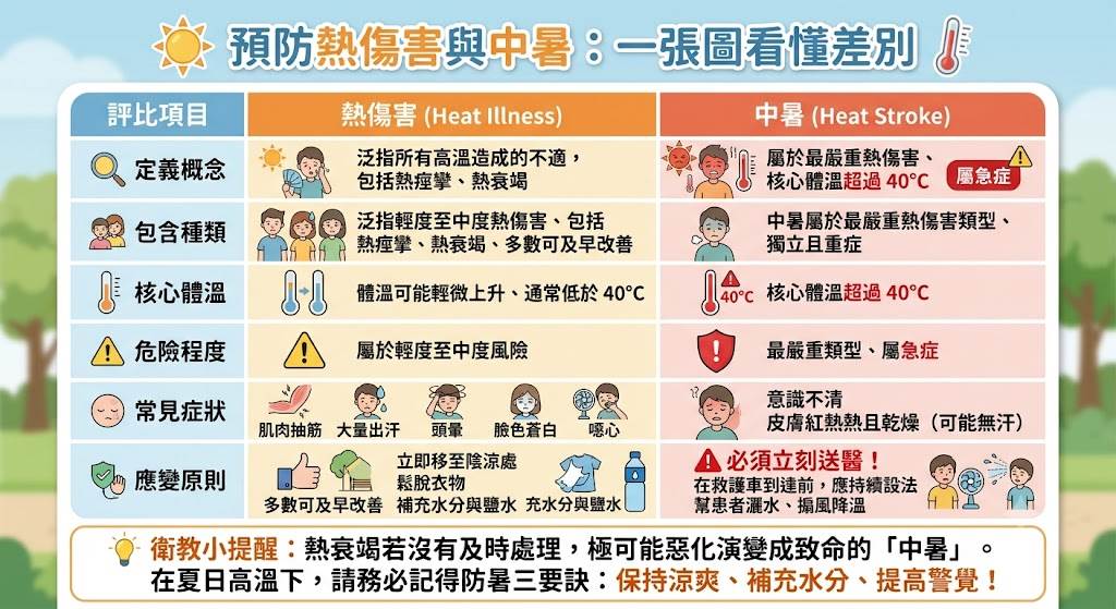 一圖看懂熱傷害與中暑的差別。衛教資訊：台灣衛福部。圖片來源：AI生成。