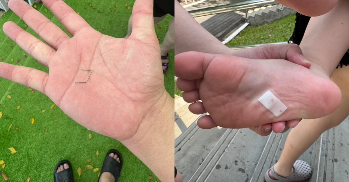 3歲孩童被疑似施工遺留的釘槍釘針刺進腳底，痛到當場大哭。圖片來源：翻攝自Threads@vmei10