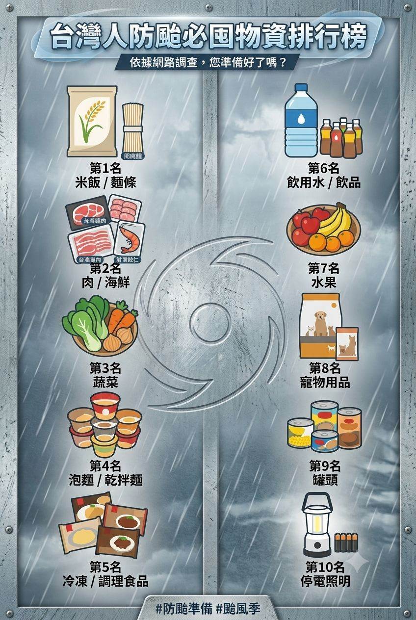 颱風來了你都囤什麼？台灣人最愛TOP10物資大公開。文字來源：《網路溫度計DailyView》、圖片來源：AI生成