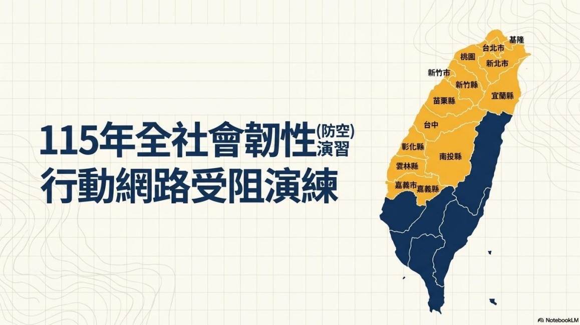台灣2026年「城鎮韌性（防空）演習」首度加入手機網路限速演練，涵蓋「台灣北部及中部共14個縣市」，每場演練30分鐘。圖片來源：內政部警政署官網
