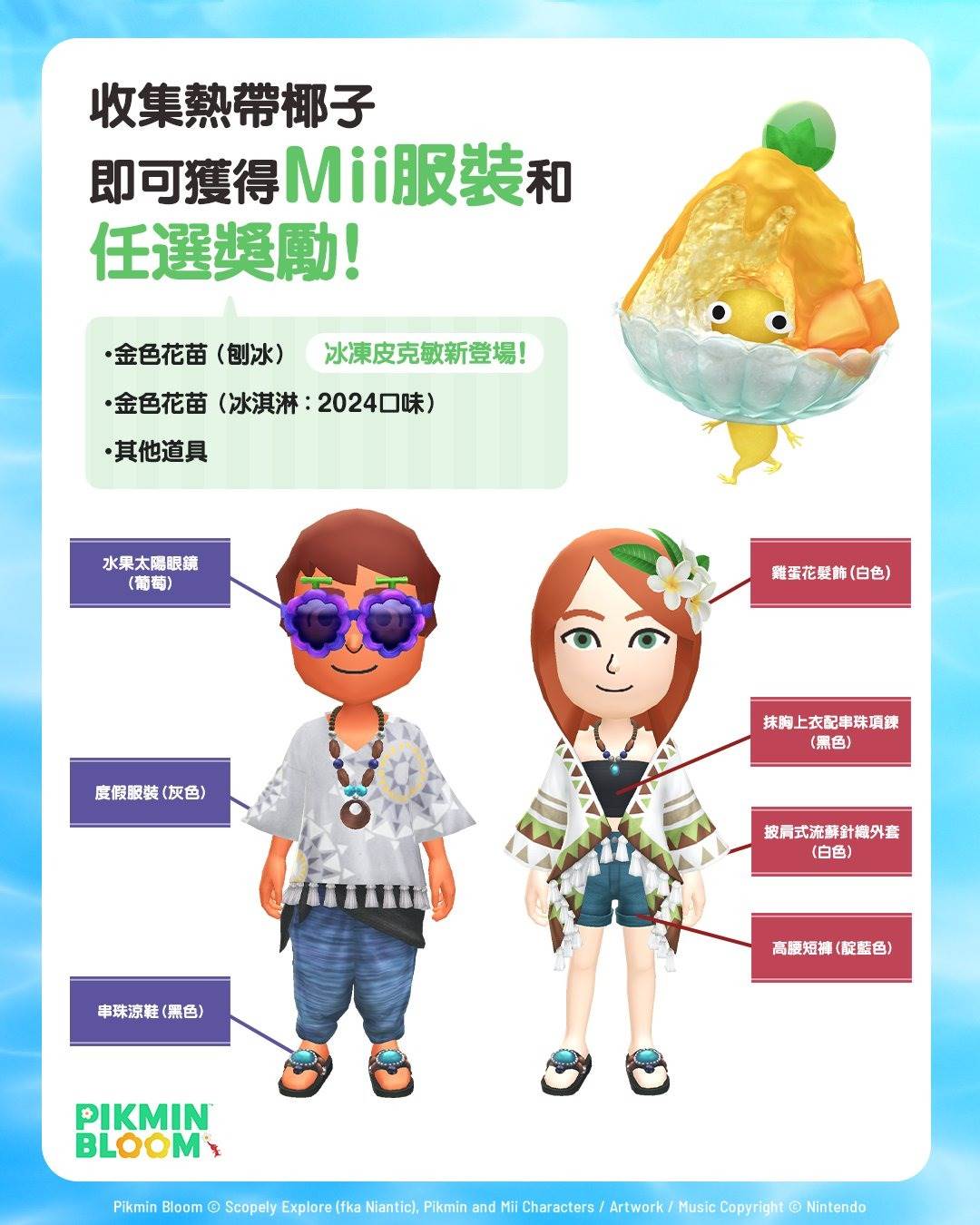 收集熱帶椰子還能獲得限定Mii服飾。圖片來源：IG@/pikminbloom_tc
