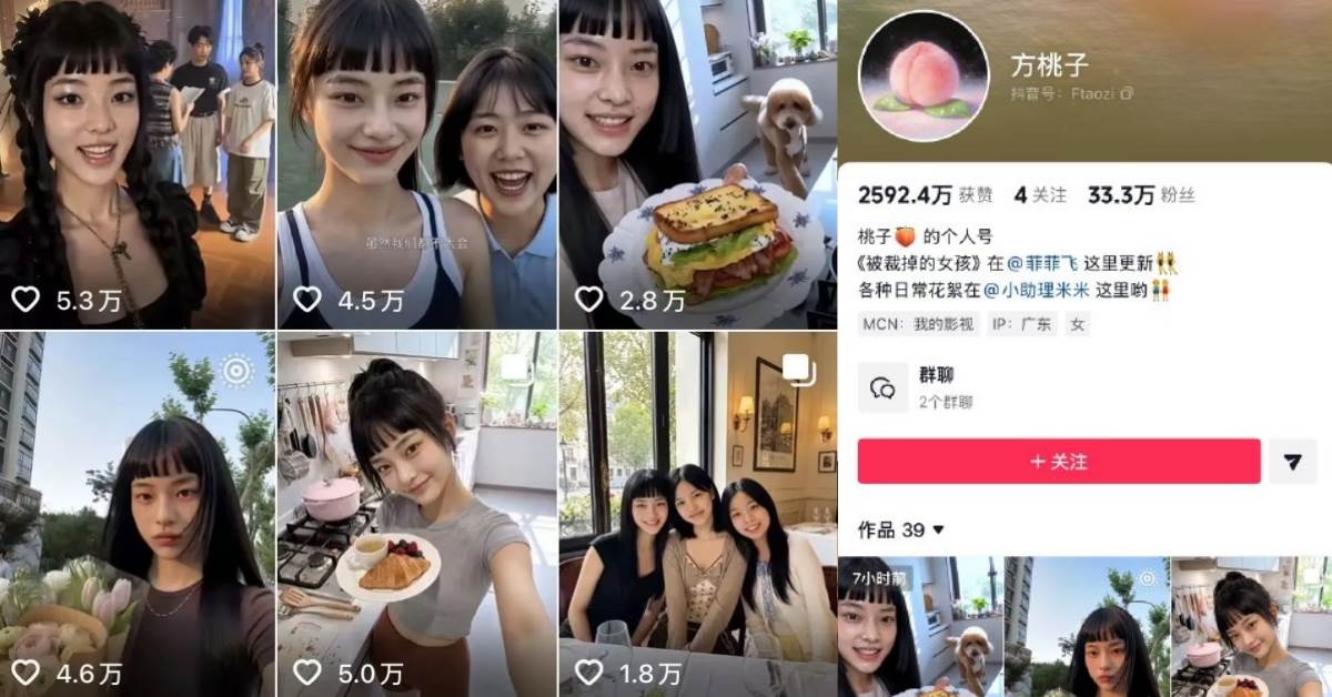 AI短劇《被裁掉的女孩》虛擬網紅方桃子社群經營如真人明星狂吸粉絲，廣告價碼比真人還貴。圖片來源：抖音＠方桃子
