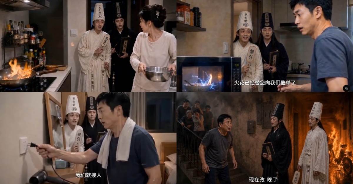 消防AI短劇爆紅！黑白無常「接人變救人」5大消防禁忌一次看。圖片來源：threads