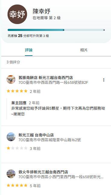 陳幸妤Google評價4次，僅2店獲5星認證，歪樓話題掀起熱議。圖片來源：Google評論