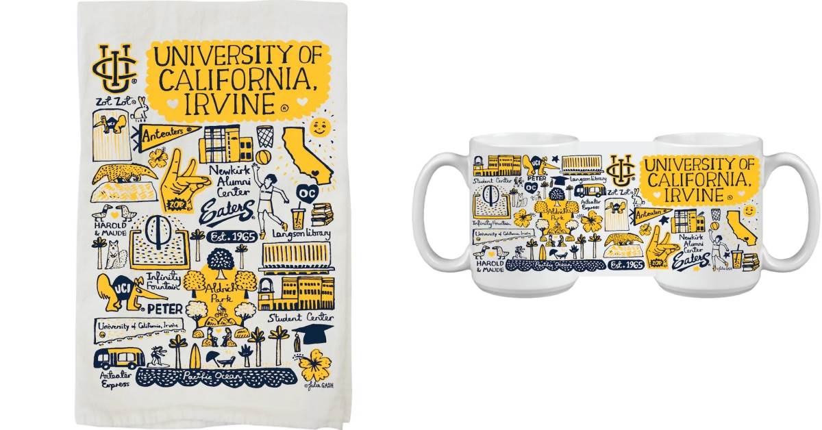 帆布包同系列的UC Irvine Ｘ Julia Gashc，還有推出毛巾和馬克杯。圖片來源：UC Irvine官網