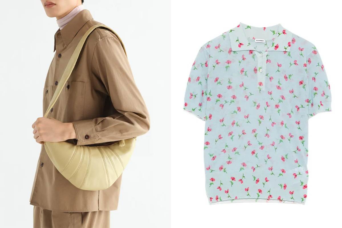 LEMAIRE 米褐色小型可頌包，NT$44,480；JIL SANDER 碎花圖案粉藍短袖POLO，NT$32,880