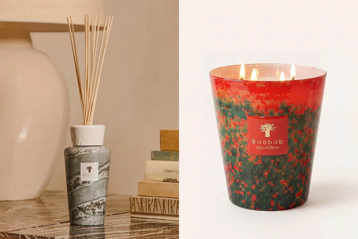 BAOBAB COLLECTION 室內擴香 Atacama / Sand 阿他加馬沙漠 500ml，NT$6,280；BAOBAB COLLECTION] 香氛蠟燭 Poppies / Arty Flowers 罌粟花 500g (高10cm)，NT$4,480