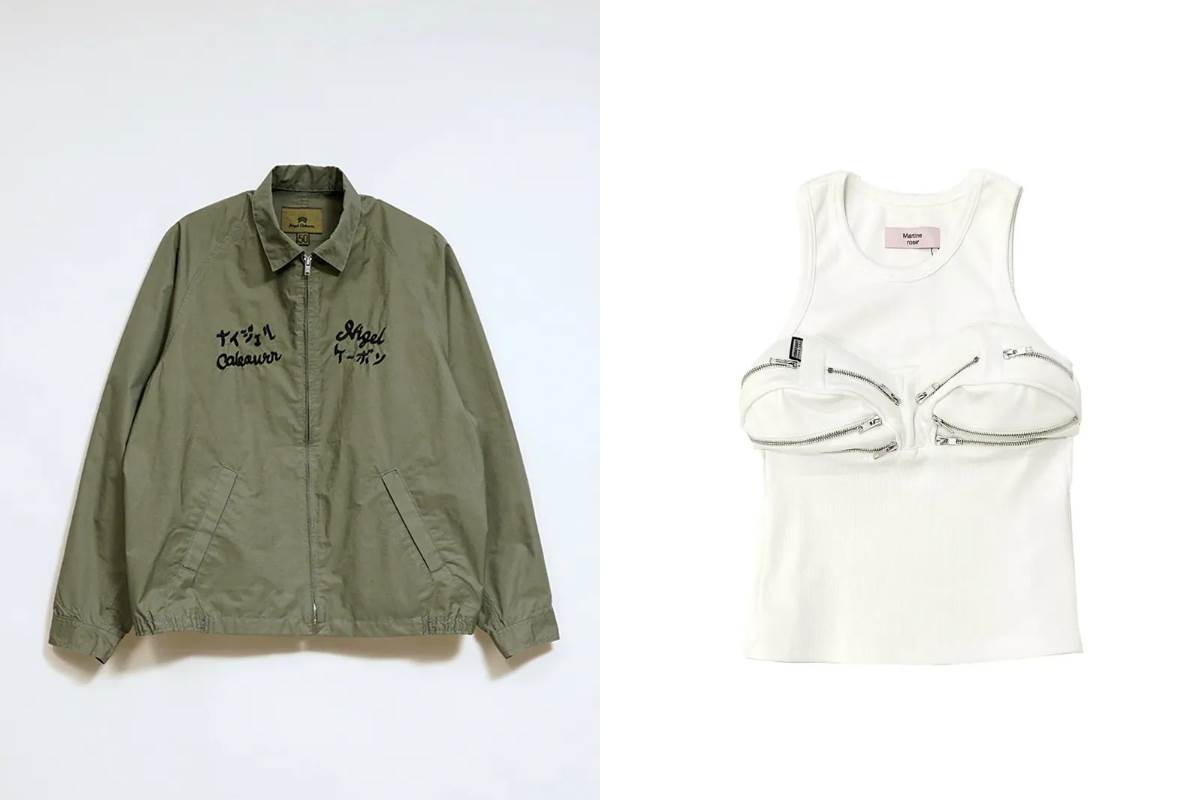NIGEL CABOURN SOUVENIR JACKET C/N WEATHER 夾克，NT$20,000；MARTINE ROSE WOMENS BUMBAG VEST 背心，NT$18,000