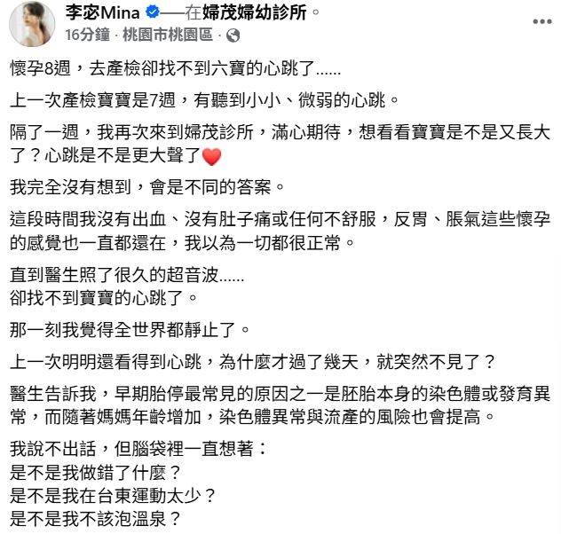 李宓8週產檢寶寶沒心跳！胎停7大可能原因、症狀與檢查一次看｜造咖解惑。圖片來源：FB@李宓Mina