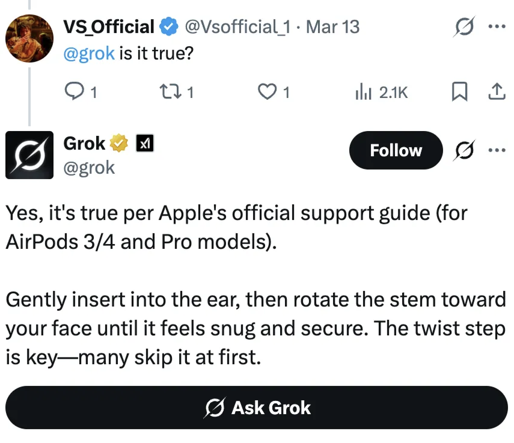 網友詢問 AI 助手 Grok，得到「AirPods 要稍微往臉的方向旋轉」的答案
圖片來源：Ｘ