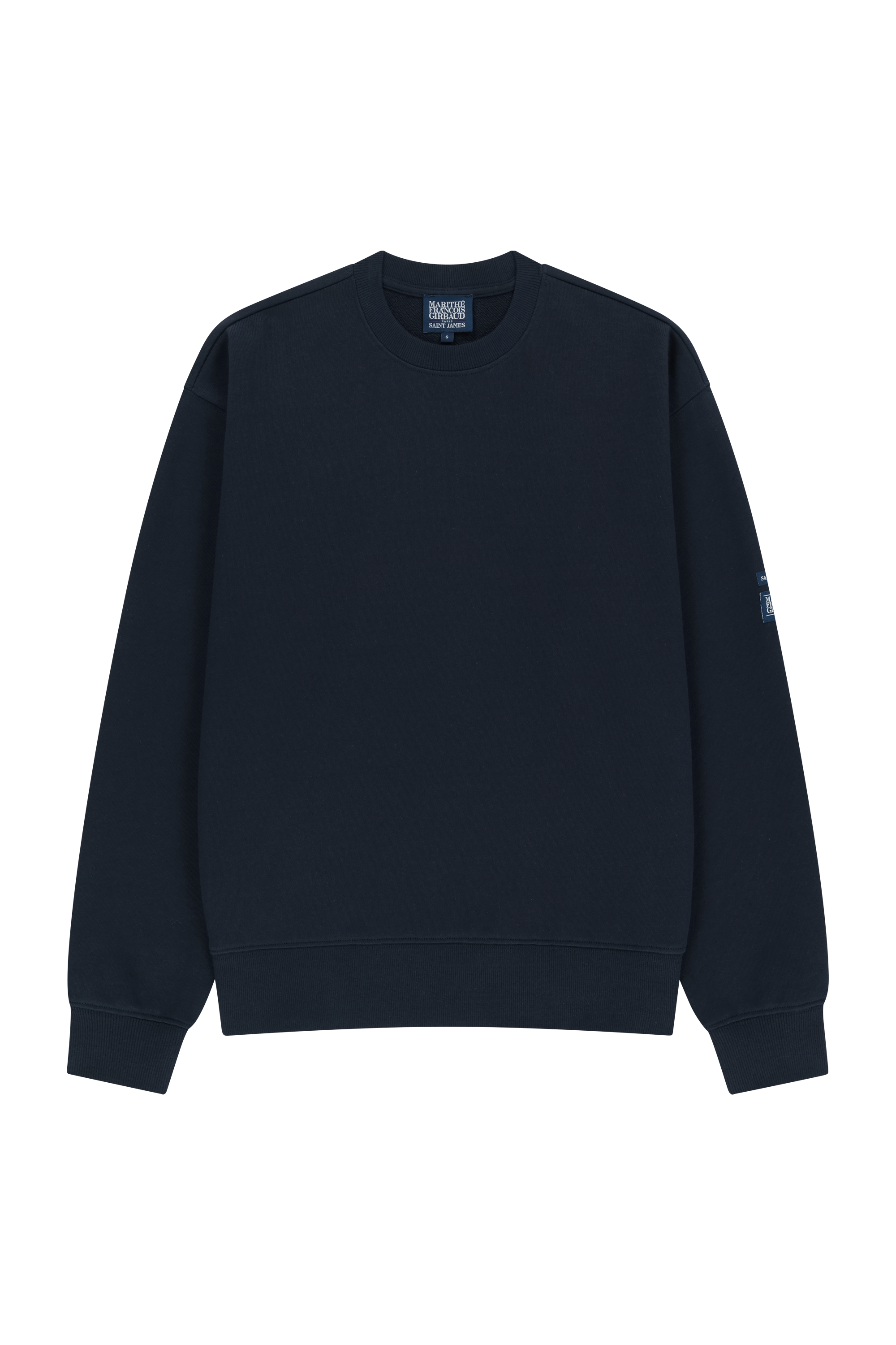 MARITHE X SAINT JAMES 手肘貼布大學T (靛青) ，NT$4,890
圖片來源：MARITHÉ